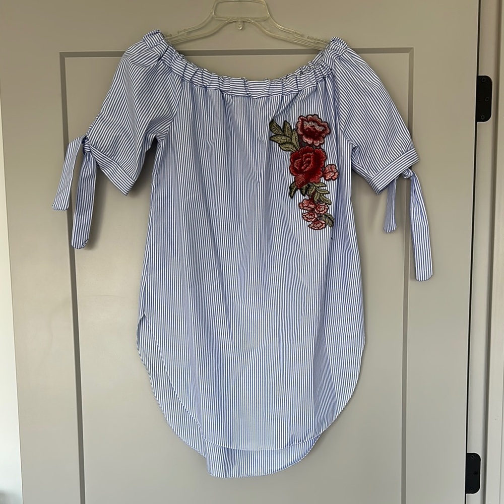 Striped Off-Shoulder Top with Floral Embroidery